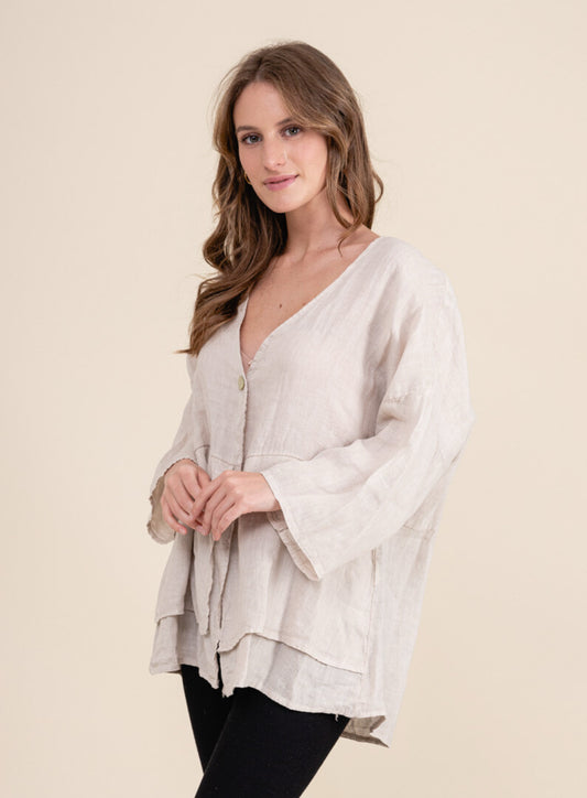 LAYERED HEM LINEN CARDI TOP - 10-16 - BEIGE