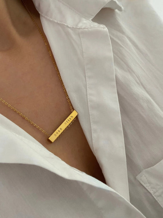 ‘BOSS BITCH’ ENGRAVED BAR NECKLACE - 18XT GOLD PLATED - MADE IN IRELAND