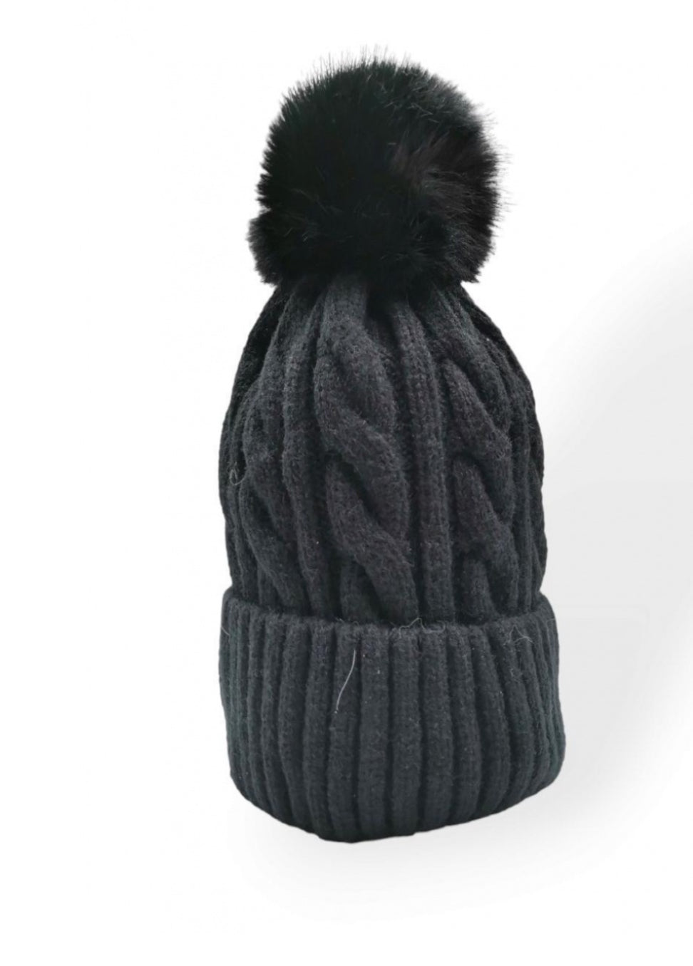 FLEECE LINED POM HAT - BLACK