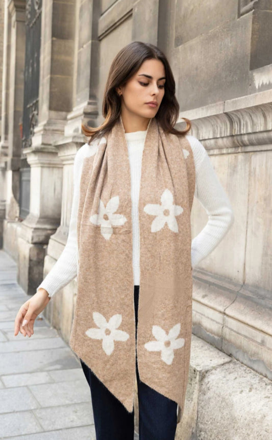 FLOWER KNIT SCARF - BEIGE