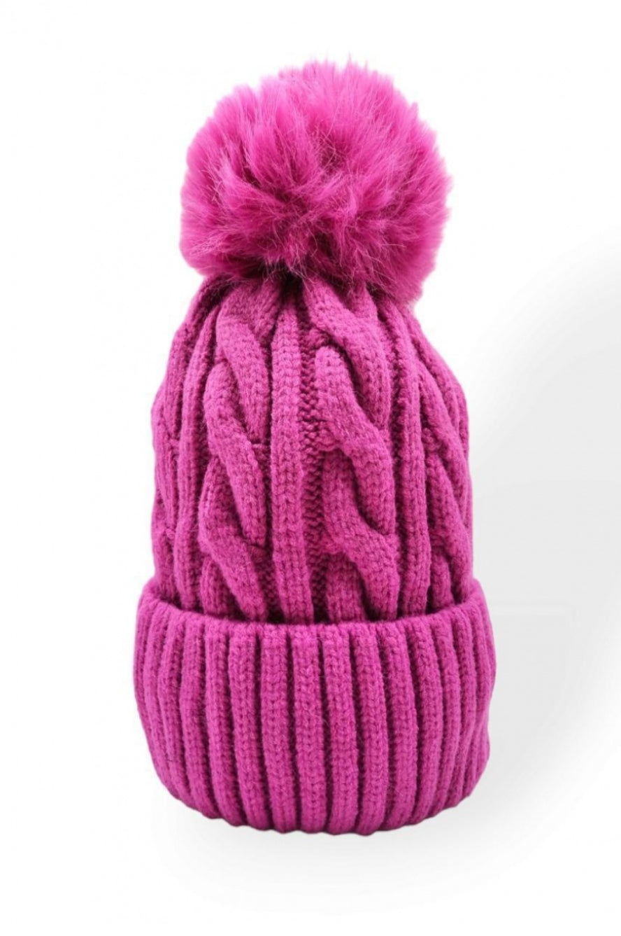 FLEECE LINED POM HAT - FUSCHIA