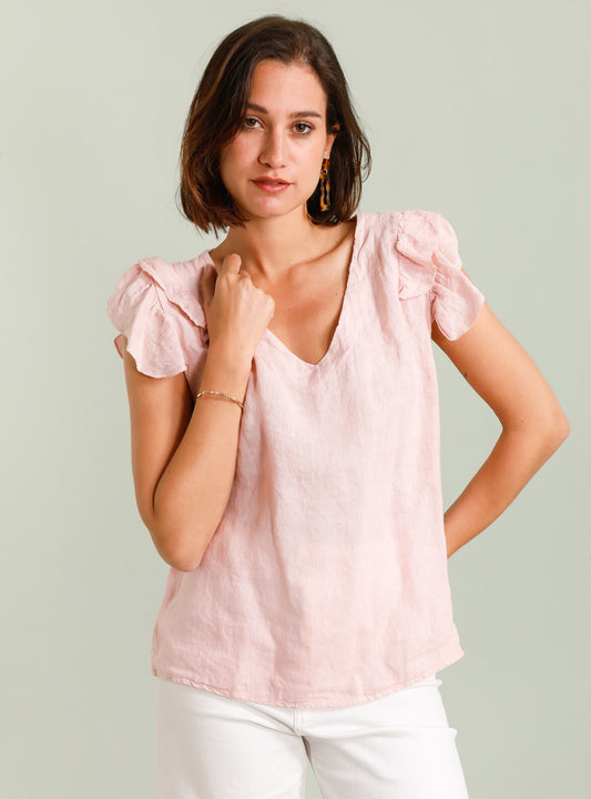 LINEN RUFFLE SLEEVE TOP - 8-12 - PINK
