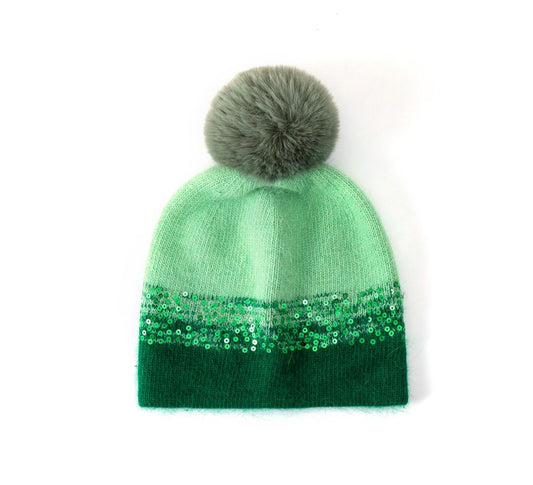 CASHMERE POM HAT - EMERALD/MINT