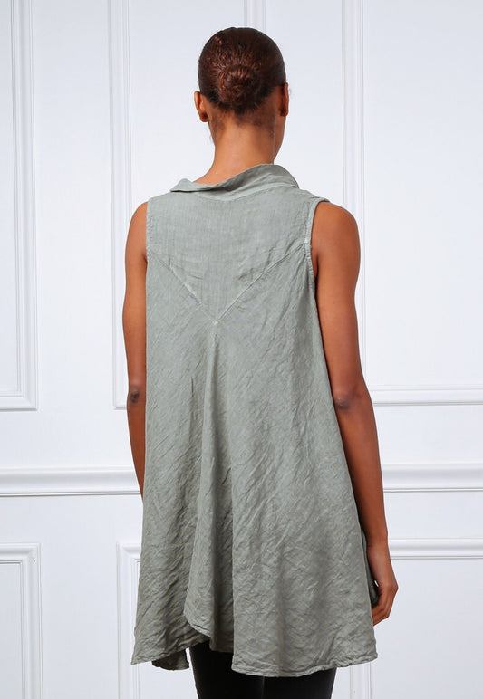 COWL DIP HEM LINEN TOP - 10-16 - KHAKI