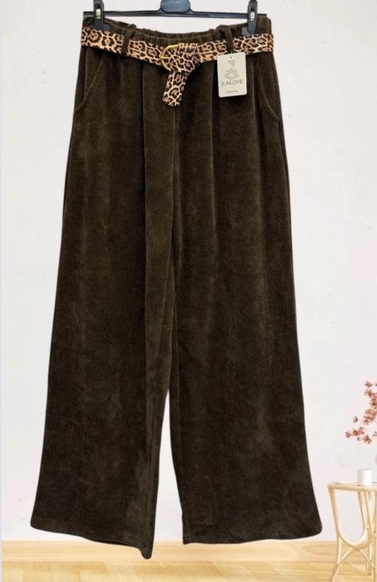 VELVET PALAZZO WITH BELT - 10-16 - CHOCOLATE