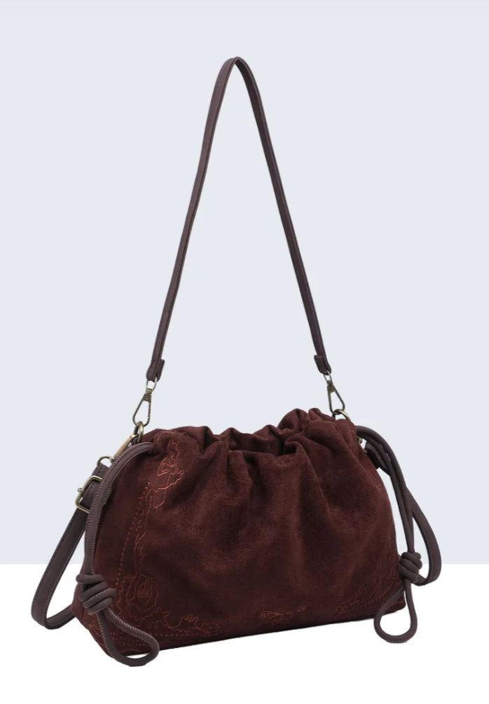 RUCHED VELOUR EMBROIDERED BAG - CHOCOLATE