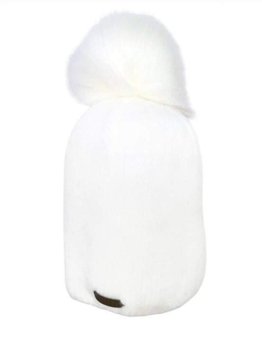 FLEECE LINED HAT WITH REMOVABLE POM - WHITE