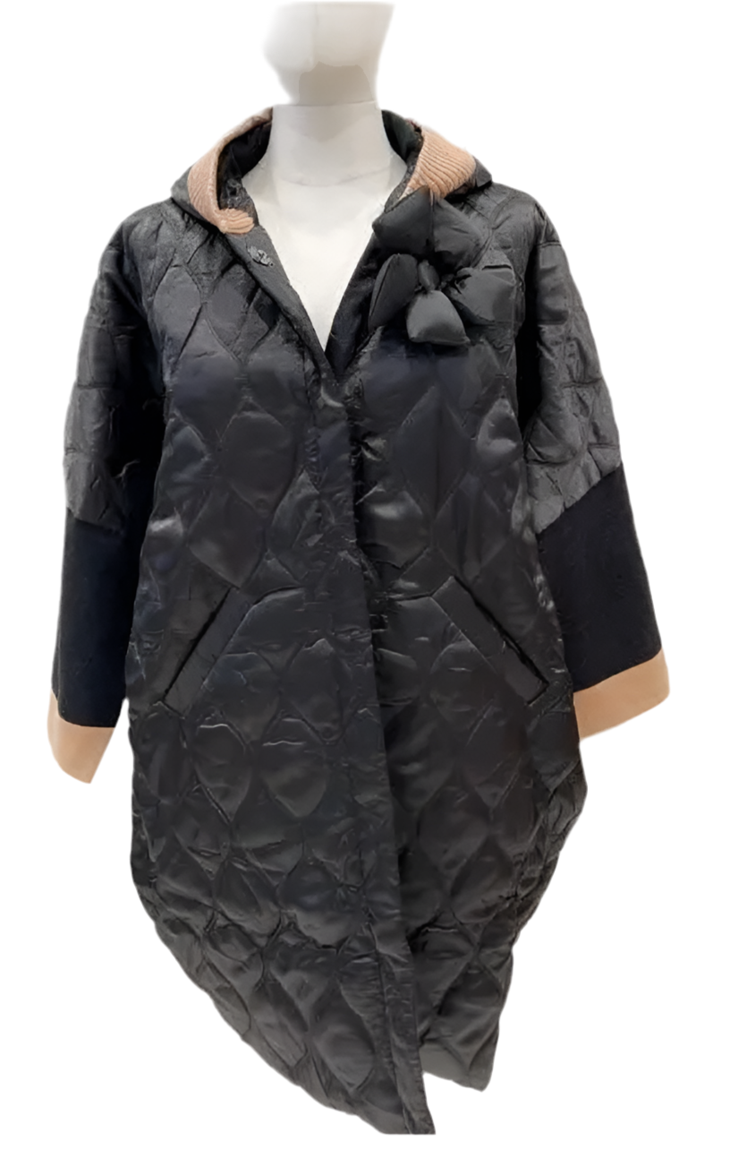 KNIT & LIGHTLY PADDED HOODED COAT WITH DETACHABLE BROOCH - 12-18