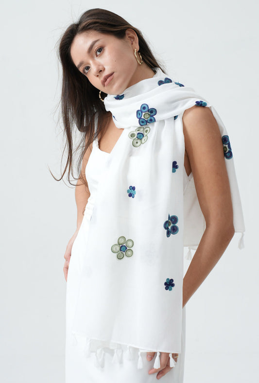 COTTON BLEND FLORAL EMBROIDERED SCARF WITH FRINGE - BLUE