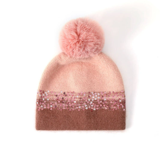 CASHMERE POM HAT - BERRY/PINK