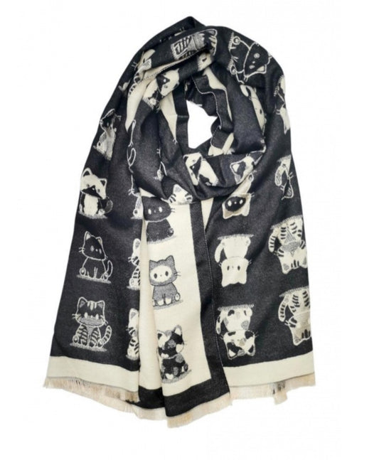 DOUBLE SIDED CAT PRINT SCARF - BLACK