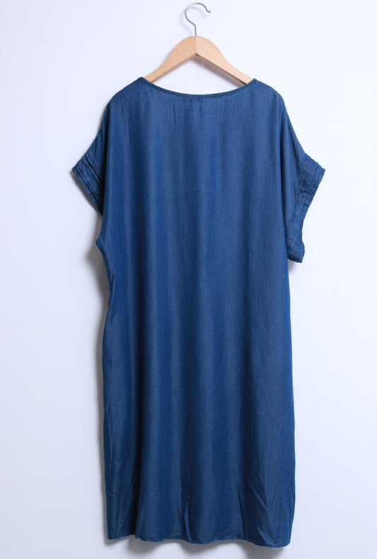 COTTON V NECK DENIM DRESS - 10-16 - DARK WASH