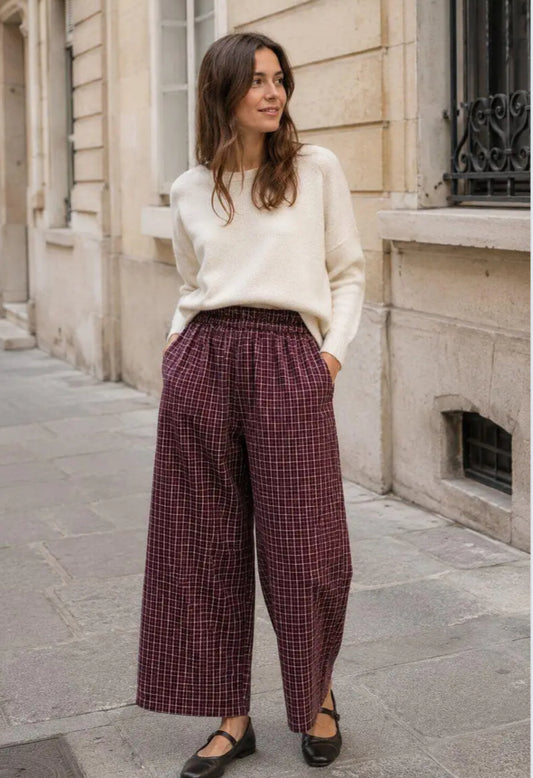 CHECK PALAZZO - 10-16 - BURGUNDY