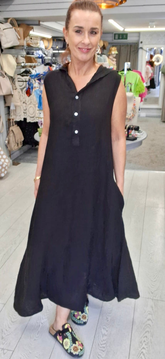 LINEN SLEEVELESS HOODED DRESS - 10-14- BLACK