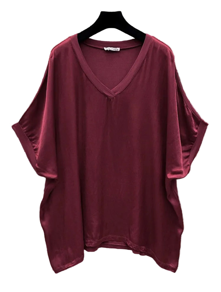 SATIN V NECK TOP - 10-16 - BURGUNDY