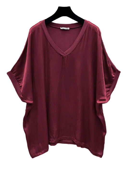 SATIN V NECK TOP - 10-16 - BURGUNDY
