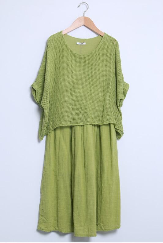 COTTON MESH LAYERED DRESS - 10-16 - LIME