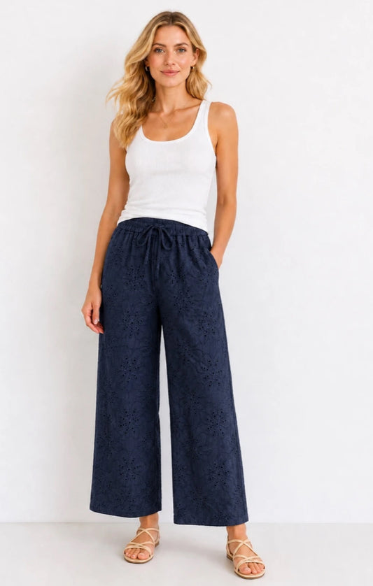 COTTON EMBROIDERED STRAIGHT LEG OANTS - 8-14 - NAVY
