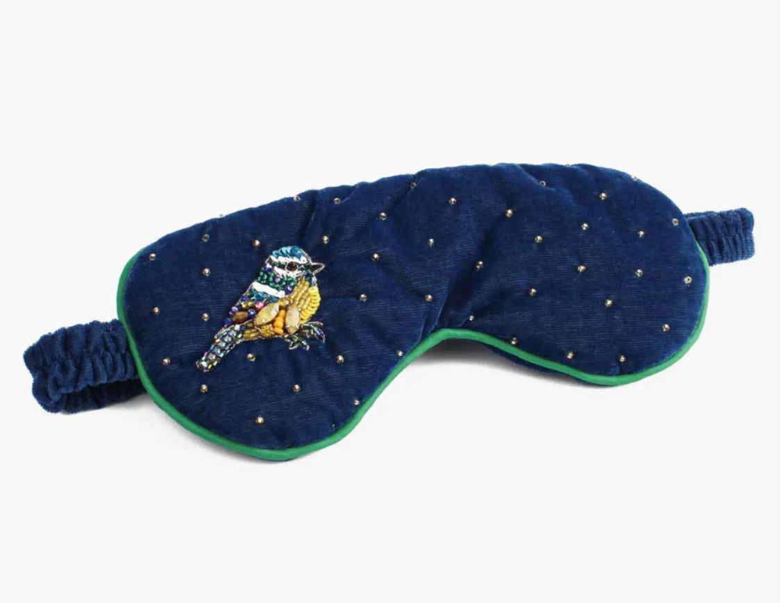 LUXURY VELVET HANDMADE EYE MASK - comes with matching pouch & gift box - BLUE TIT