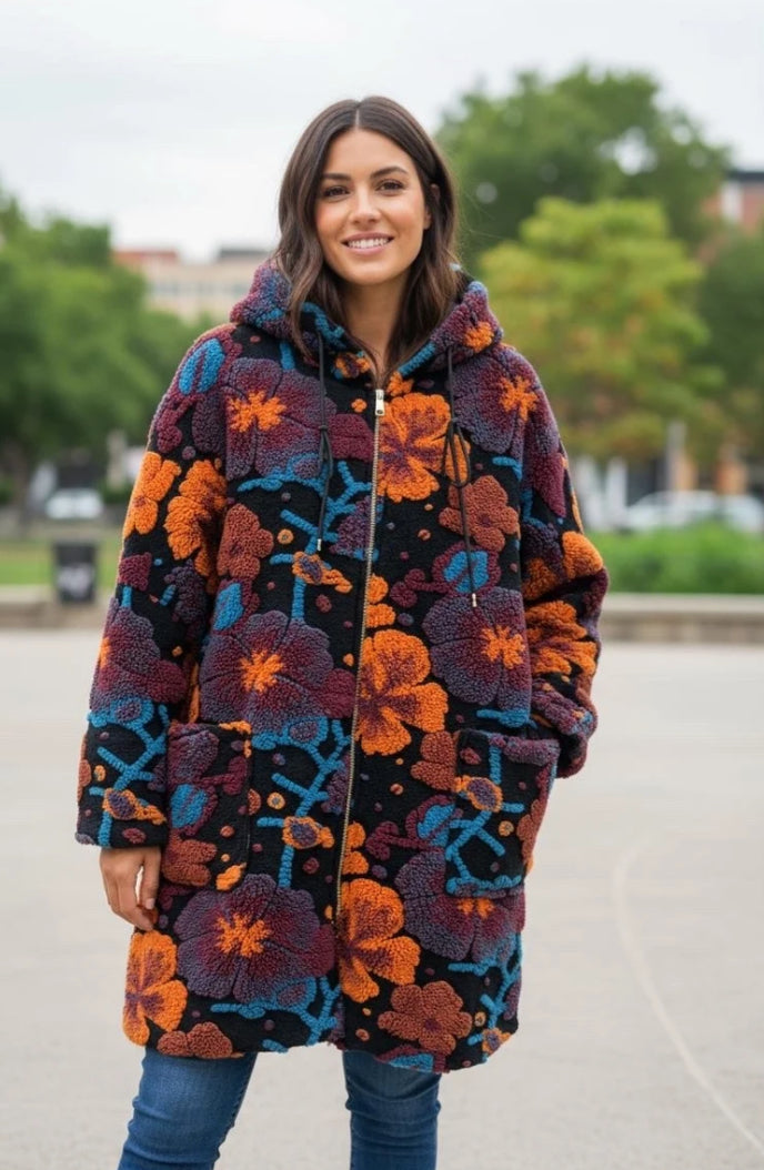 LINED WOOL FLORAL PRINT COAT - 10-16