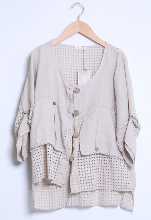 LINEN MESH DETAIL JACKET - 10-16 - BEIGE