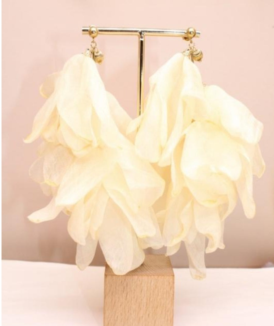 CREAM FABRIC PETAL STATEMENT EARRINGS