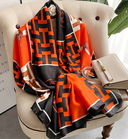 SILK FEEL PRINT SCARF - BLACK/ORANGE