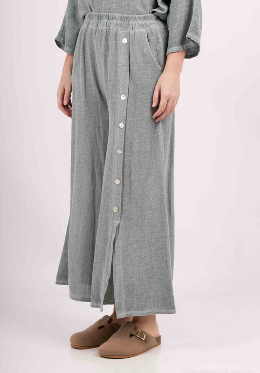 COTTON/LINEN BLEND BUTTON SEAM PANTS - KHAKI