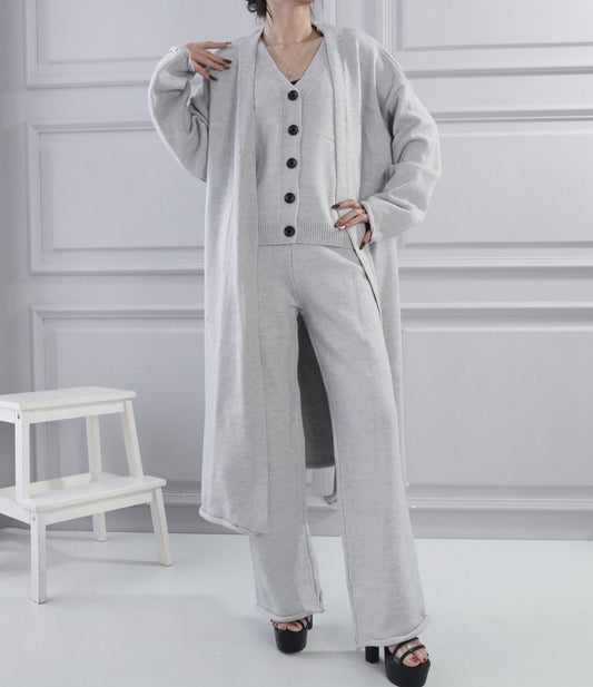 LONGLINE KNIT CARDI, WAISTCOAT AND PANTS SET - 8-12