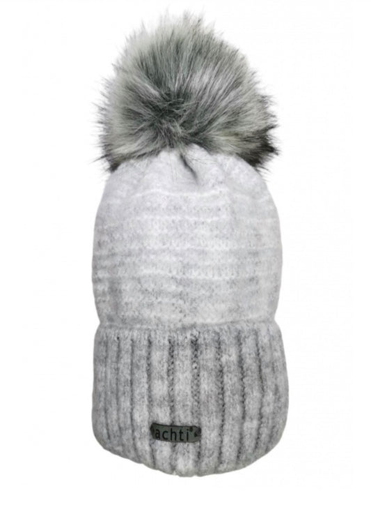 FLEECE LINED KNIT HAT WITH REMOVABLE POM - SILVER GREY