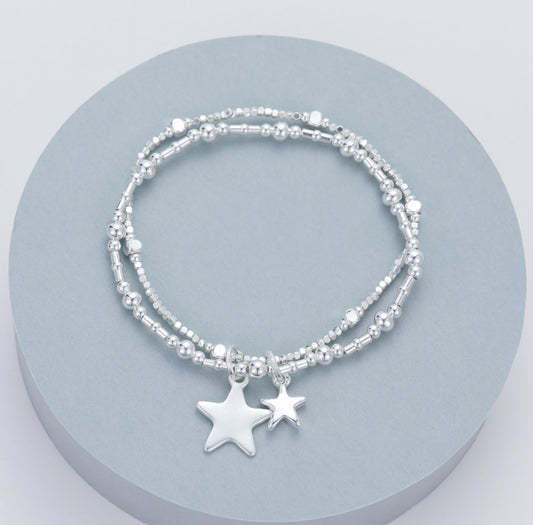 DOUBLE STRAND STAR CHARM STRETCH BRACELET - SILVER