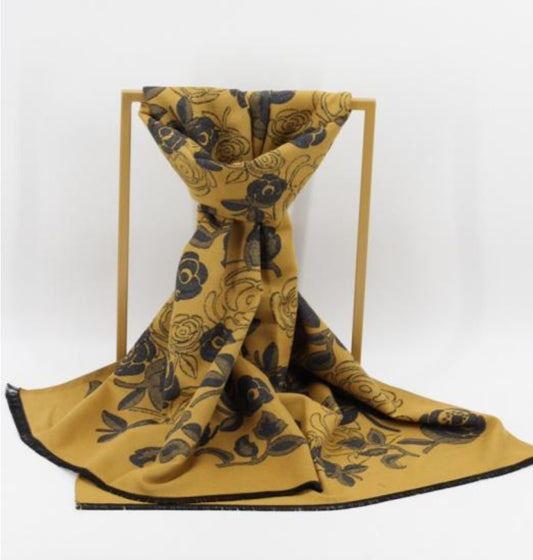 COTTON BLEND COSY DOUBLE SIDED ROSE PRINT SCARF - MUSTARD/GREY