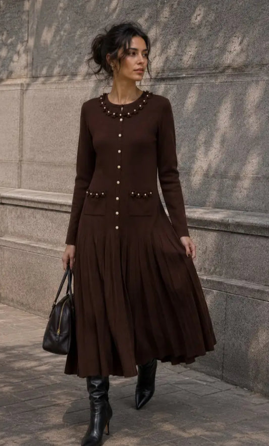 PLEAT KNIT MAXI DRESS - 10-12 & 14-16 - CHOCOLATE