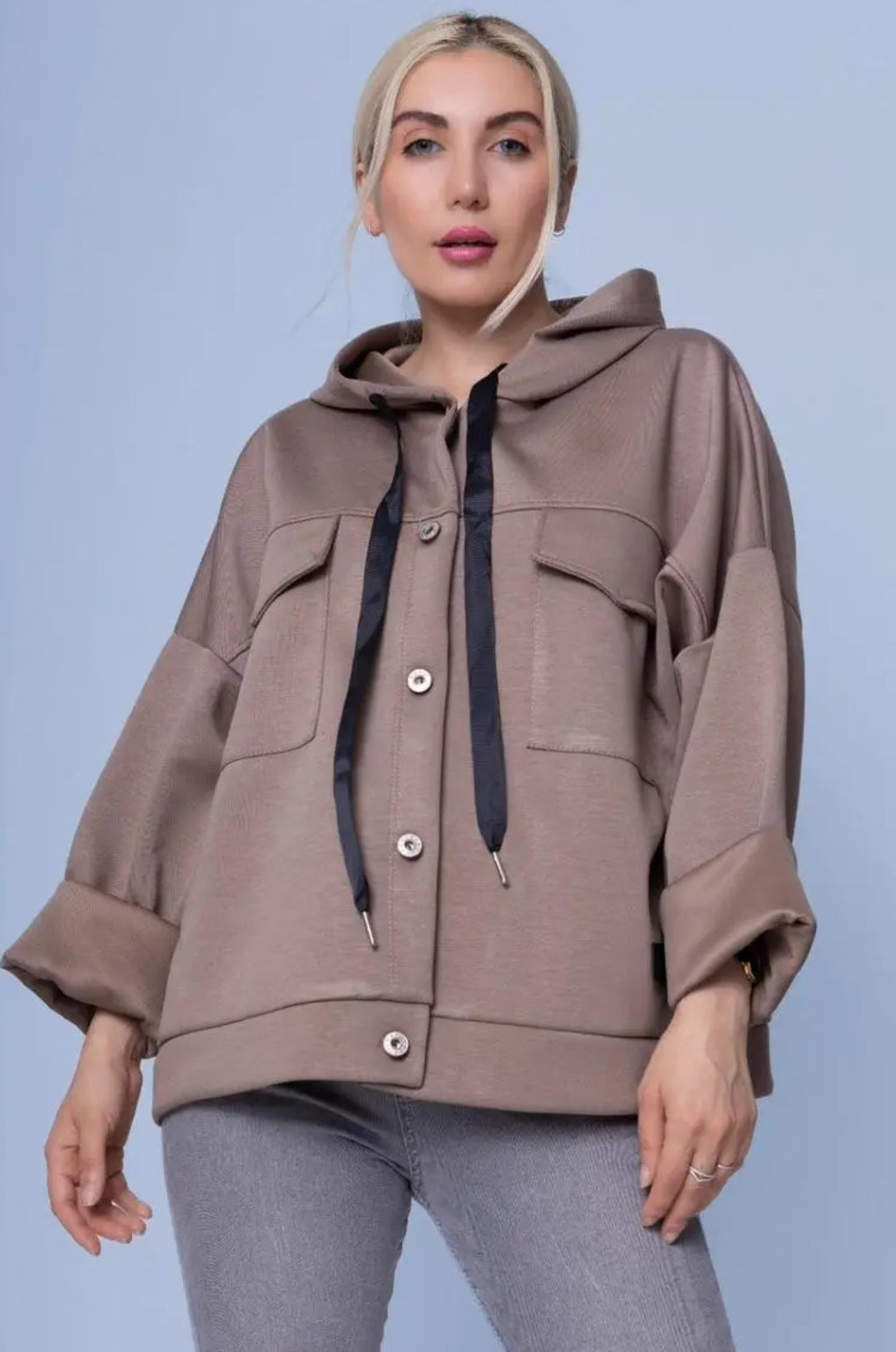 HOODED POCKET DETAIL JACKET - TAUPE - 10-16