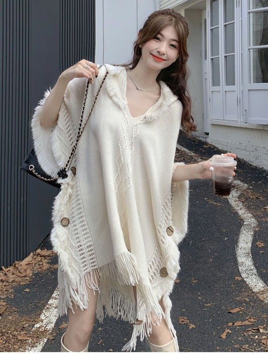 FRINGED HOODED PONCHO - CREAM