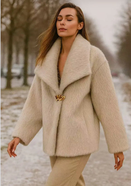 FAUX FUR BROOCH COAT - 10-16 - BEIGE