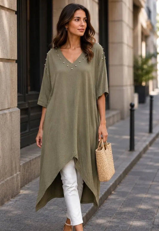 STUD DIP HEM TUNIC - 10-16 - KHAKI