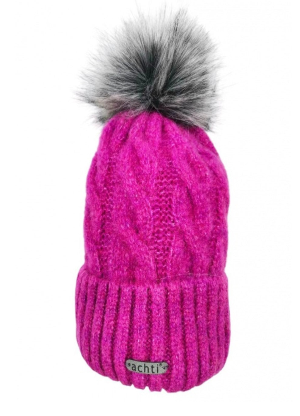 FLEECE LINED KNIT HAT WITH REMOVABLE POM - FUSCHIA