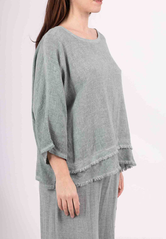 LAYERED HEM LINEN TOP - 10-16 - KHAKI