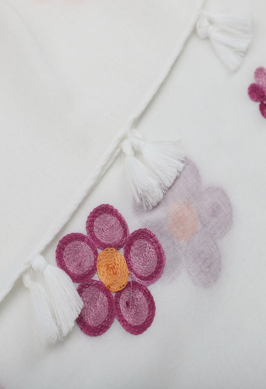 COTTON BLEND FLORAL EMBROIDERED SCARF WITH FRINGE - PINK