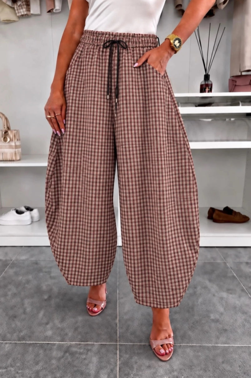 SUEDETTE CHECK BARREL PANTS - 10-16 - BURGUNDY