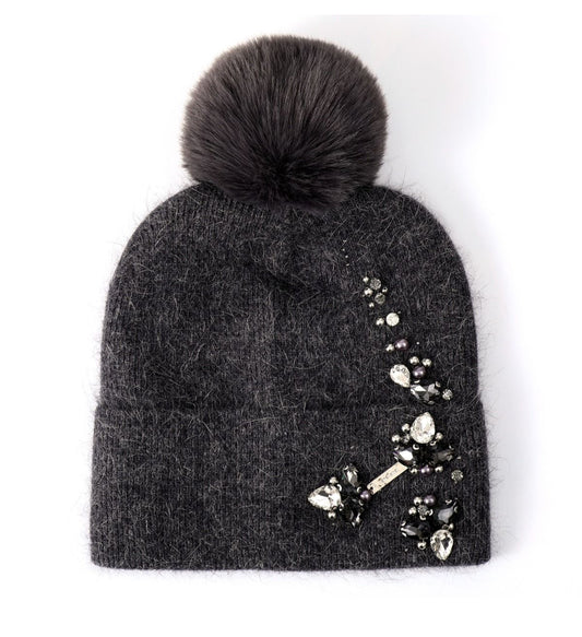 CASHMERE JEWELLED POM HAT - CHARCOAL