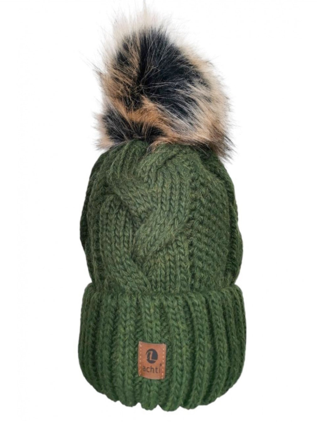 CABLE KNIT FLEECE LINED HAT WITH REMOVABLE POM - KHAKI