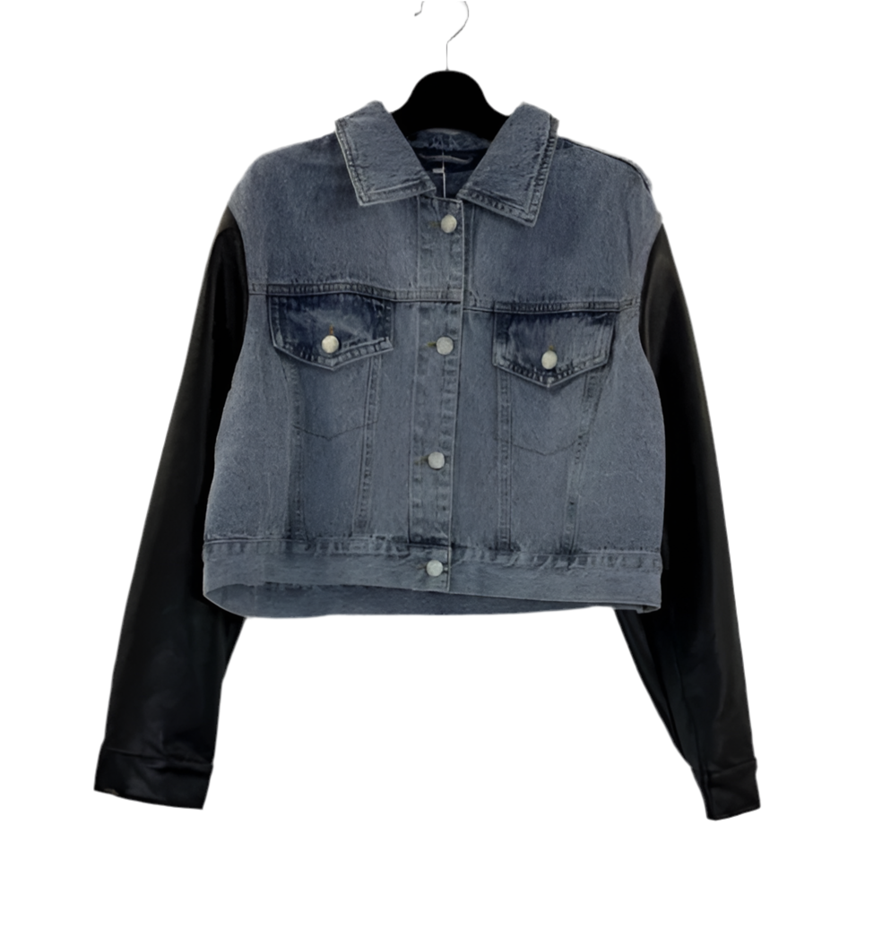 LEATHERETTE SLEEVE DENIM JACKET - 8-14