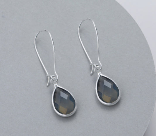 TEARDROP LONG CRYSTAL EARRINGS- GREY