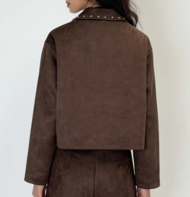 SUEDETTE STUD JACKET - 8-12 - CHOCOLATE