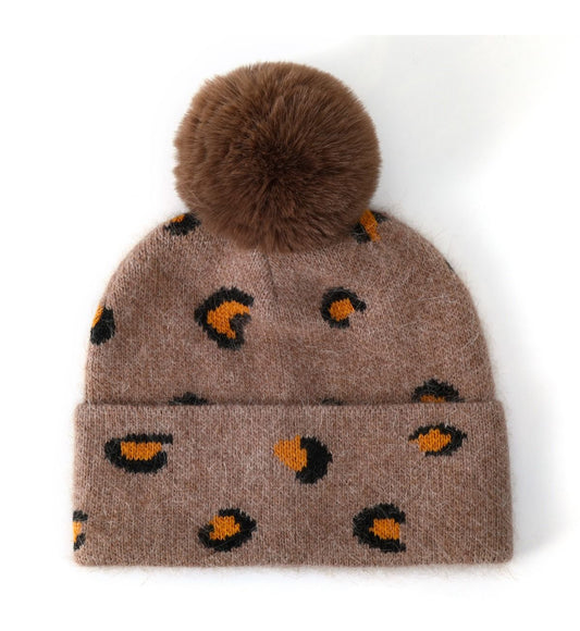 CASHMERE ANIMAL PRINT POM HAT - BROWN