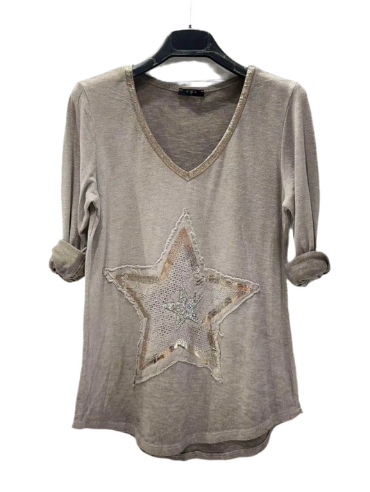 METALLIC STAR PATCH TOP - TAUPE - 8-12