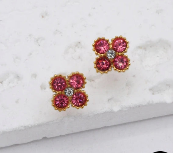 CRYSTAL FLOWER STUD EARRINGS - FUSCHIA