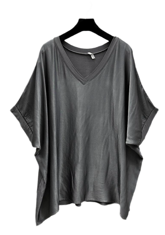 SATIN SHORT SLEEVE TOP - CHARCOAL - 10-16